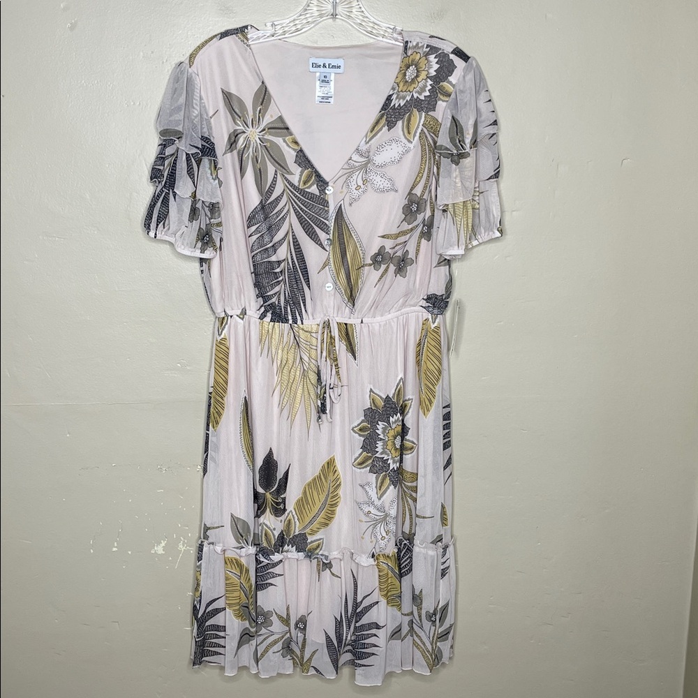 ELIE & EMIE Blush & Yellow Botanical Print Floral Tiered Puff Sleeve Dress NWT